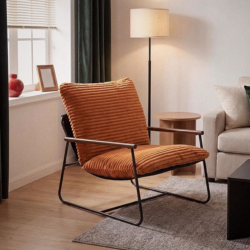 Accent Chair for Living Room, Modern Armchair with Wood Arms, Retro Ribbed Uphol