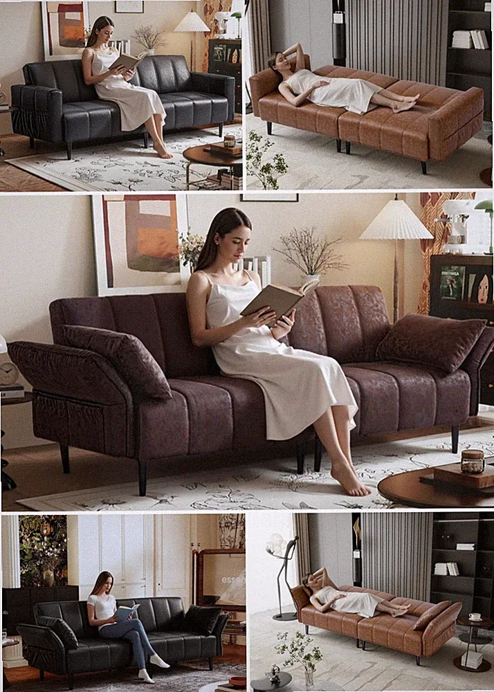 Convertible Sofa Bed Leather Lounge Recliner Adjustable Back Couches Living Room
