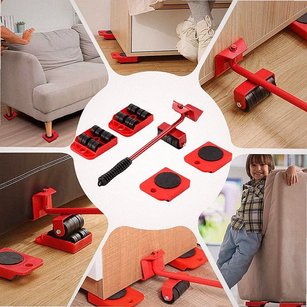 Furniture Lift Mover Tool Set w Adjustable Height Lifting Tool Lever & 4 Wheels