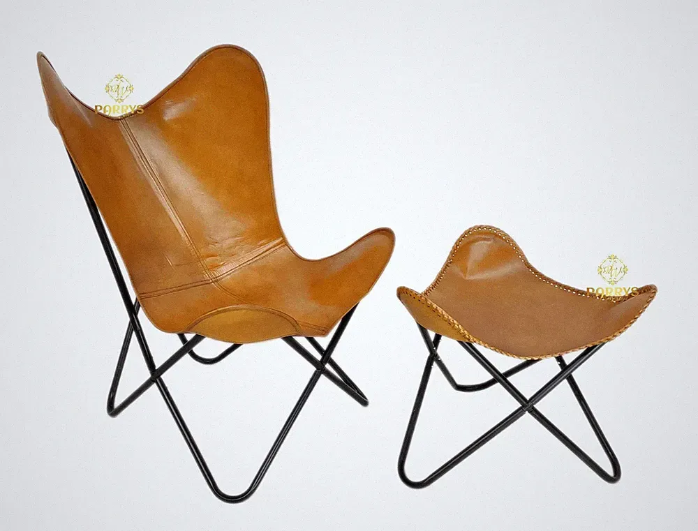 Genuine Leather Butterfly Lounge Chair & Footstool Set, Hand Stitched Plw