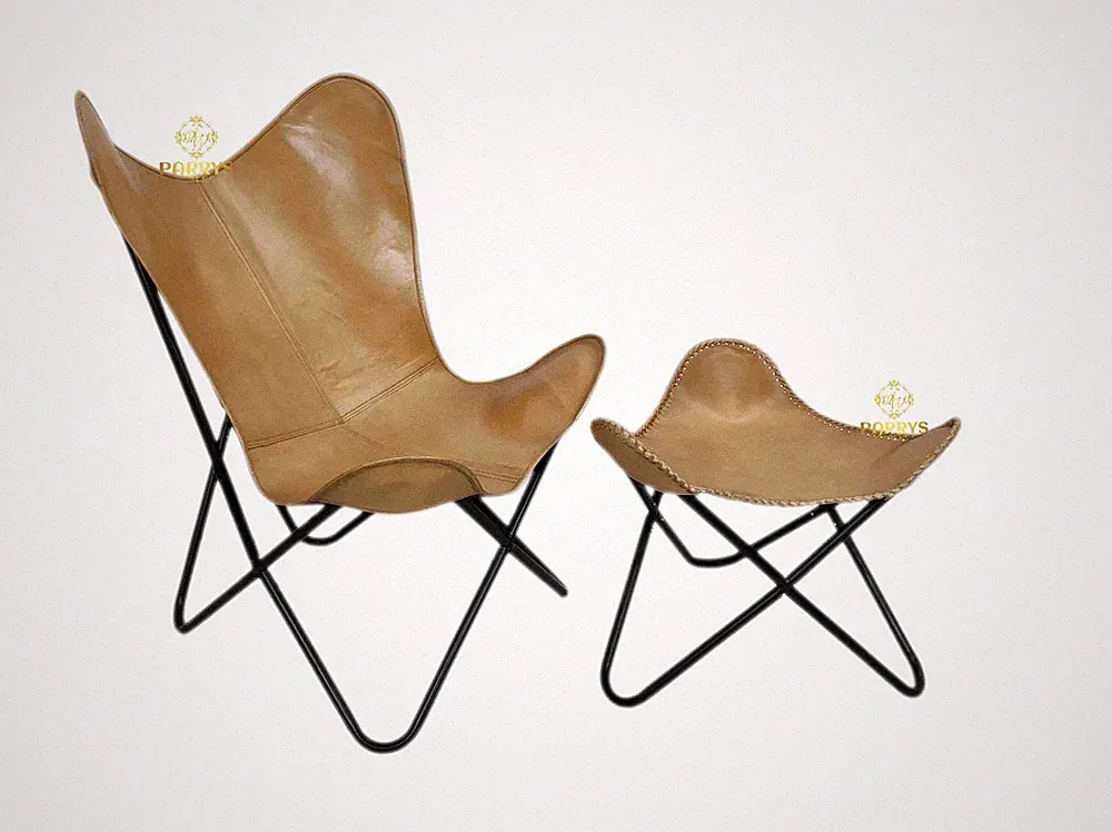 Handmade Leather Butterfly Lounge Chair with Footstool, Genuine Tan Leather Plw