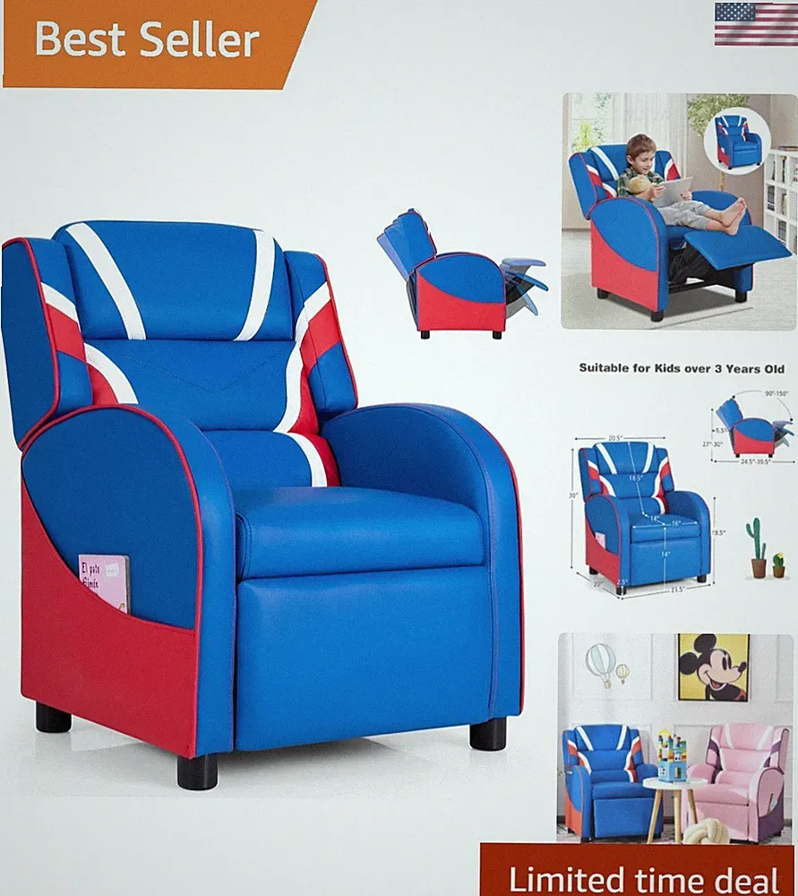 Kids Recliner, Gaming Recliner Chair w/Footrest, Headrest, Lumbar Support & S...