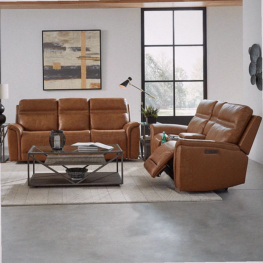 Liberty Furniture Cooper Sofa & Loveseat Power Reclining Set Camel Brown Leather