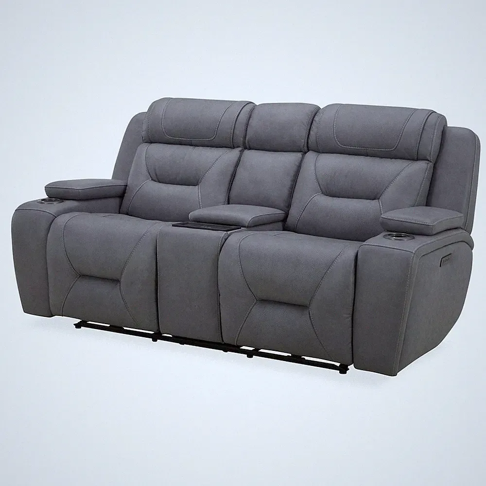 Power Recline Loveseat with Console, Charging Ports - Aline Blue Gray Leather