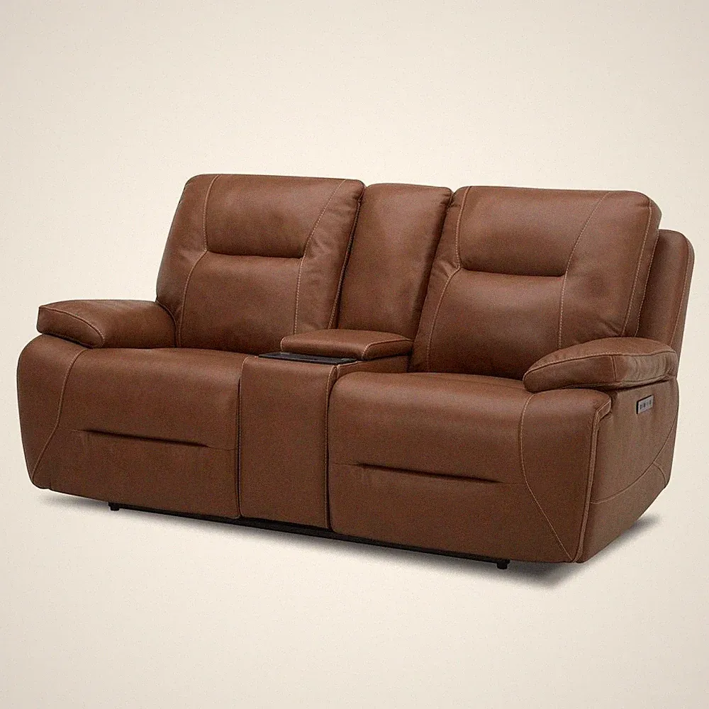 Power Recline Loveseat with Console, Charging Ports - Dakota Saddle Leather