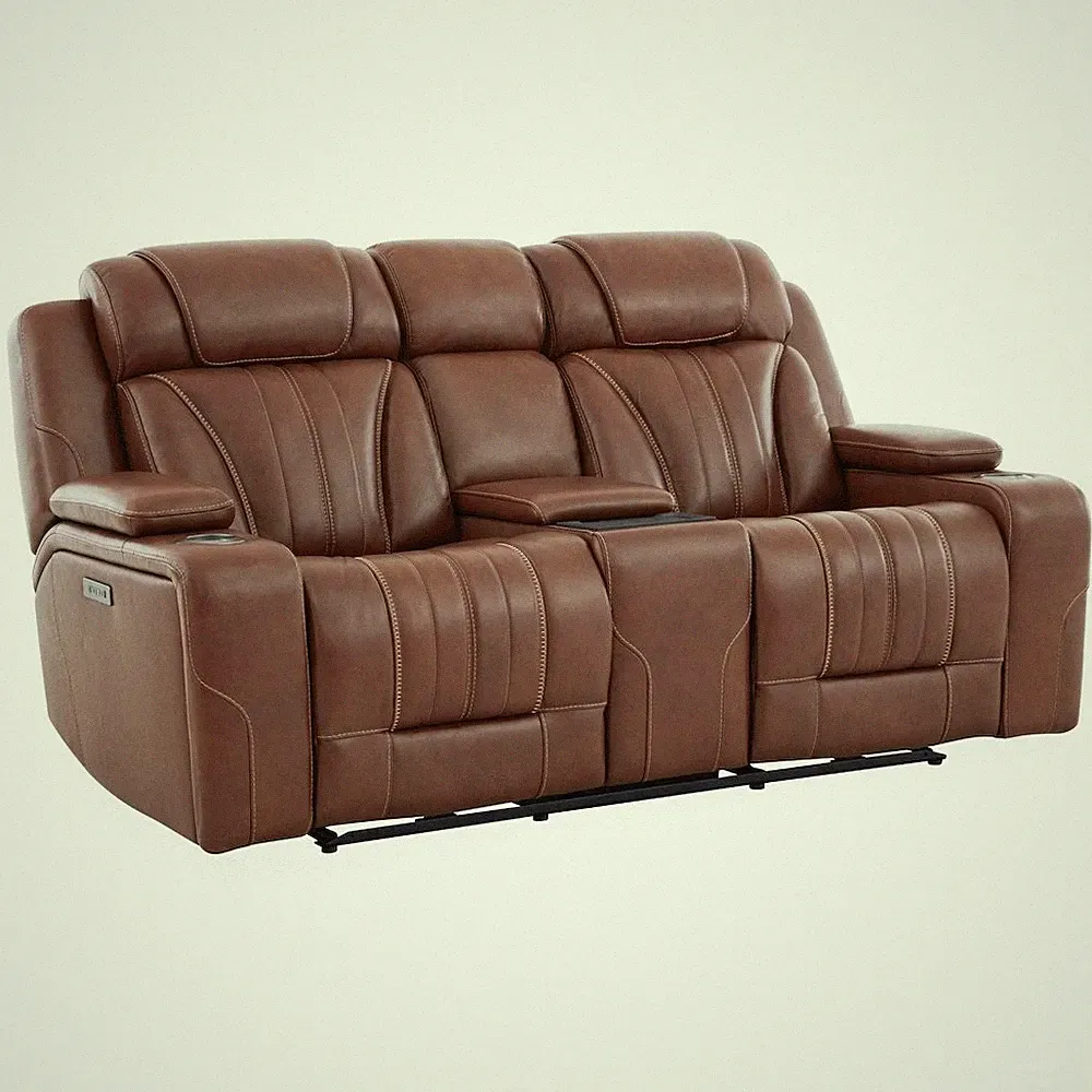 Power Recline Loveseat with Console, Charging Ports - Nature Chestnut Leather