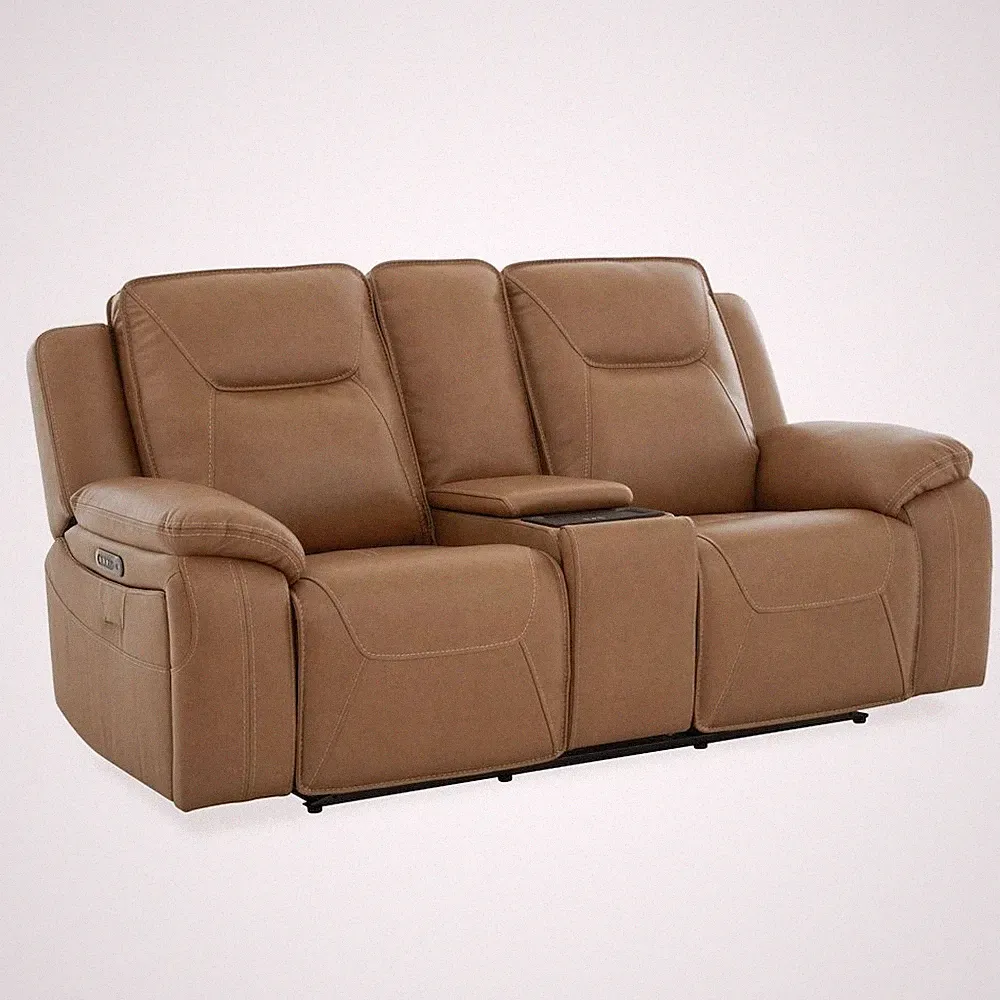 Power Recline Loveseat with Console, Charging Ports - York Butternut Leather