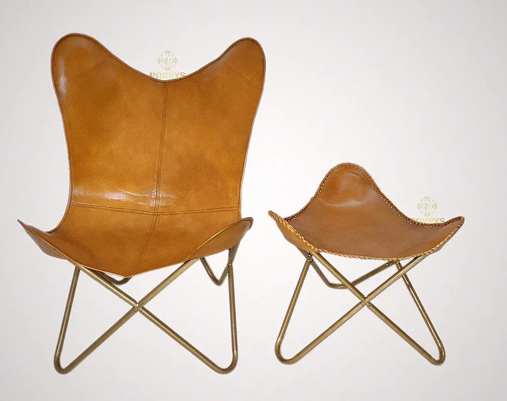 Premium Tan Leather Butterfly Chair and Stool, BKF Hardoy Style Lounge Set