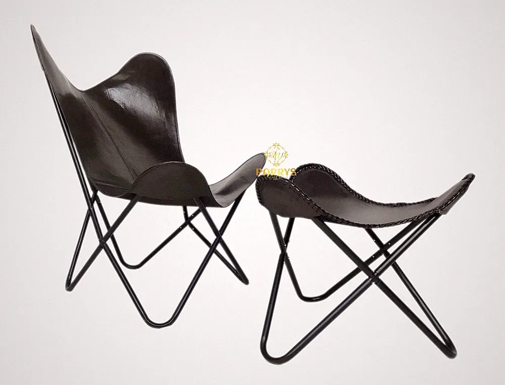 Premium Tan Leather Butterfly Lounge Chair with Footstool, Handcrafted Sling Plw