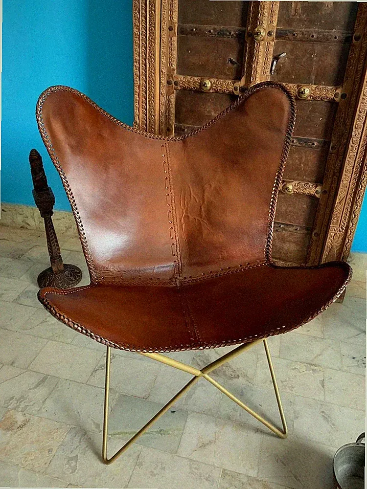 Rustic Retro Metal Industrial Seat Vintage Brown Aged Leather Butterfly Chair