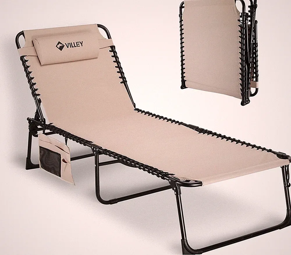 VILLEY Oversized Chaise Lounge Chair, Heavy-Duty Folding Outdoor Lounge Chair wi