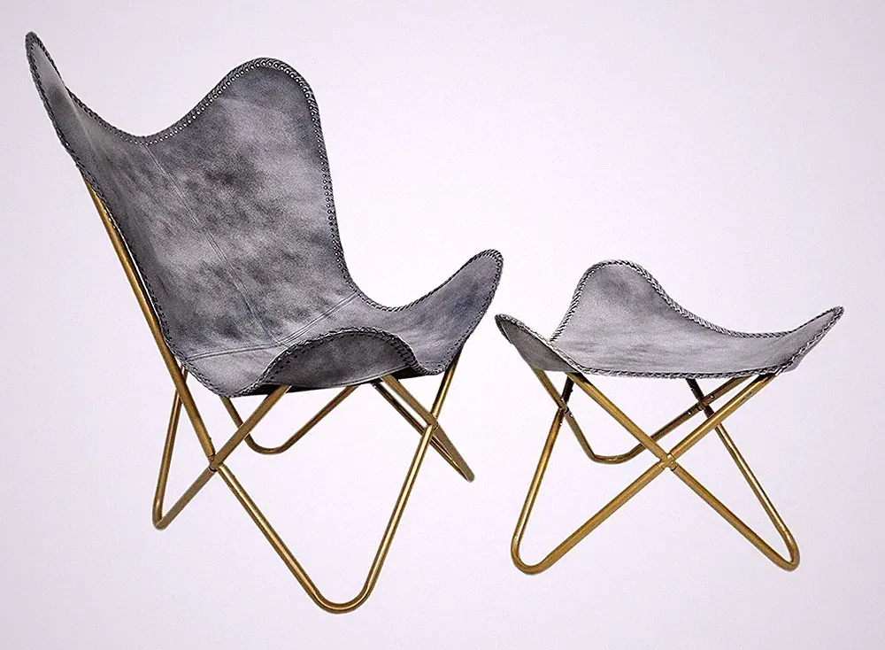 Vintage Grey Leather Butterfly Chair and Footstool - Industrial Folding Lounge